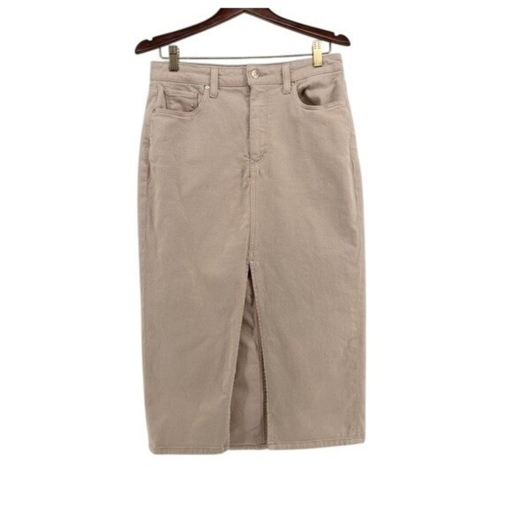 Paige Tan Denim Midi Skirt High Rise Front Slit Size 29 Neutral Beige Jean Skirt
